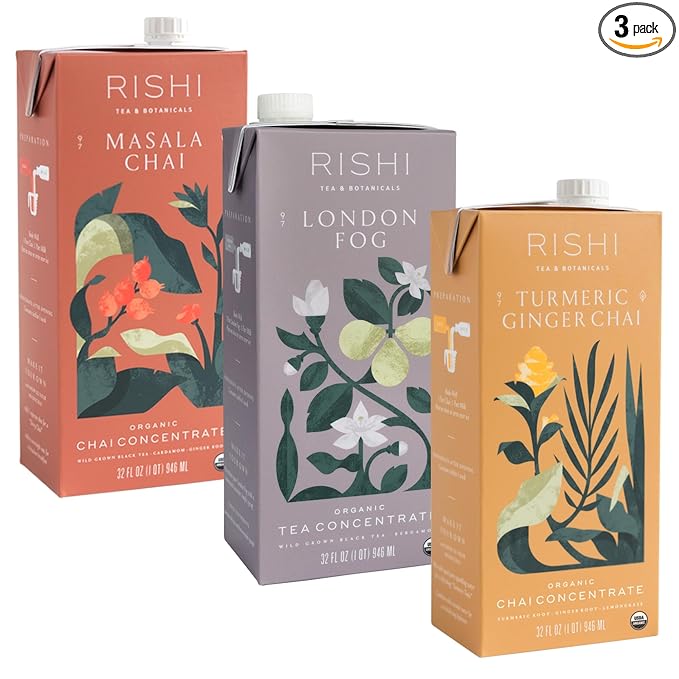 Rishi Tea Latte Concentrate Beverage Variety Pack - Organic, Black and Caffeine-Free Chai Latte & London Fog Latte Sampler, Easy-to-Serve Hot or Iced - 32 fl oz Carton, 8 Servings (Pack of 3)