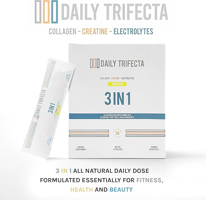 Daily Trifecta 3-in-1 Collagen, Creatine & Electrolyte Stick Packs | Type I Collagen, Creatine Monohydrate, Zero Sugar | 30 Natural Single-Serve Packets | Strength, Hydration & Recovery (Pineapple)