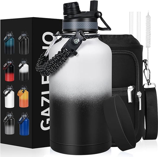 Insulated Water Bottle 64 oz, Half Gallon Water Jug Cold 48H, BPA Free Stainless Steel Bottles with Straw/Chug 2-in-1 Lid, Bag, Paracord Handle, Silicone Boot, Sports Gym School Metal Flask