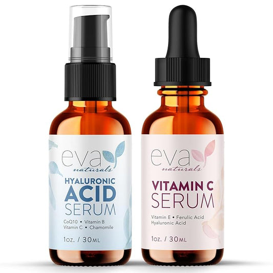Eva Naturals Hydrate & Brighten Serum Set – Vitamin C with Ferulic Acid & Vitamin E + Hyaluronic Acid for Face, Dark Spots, Wrinkles, Uneven Tone, Anti-Aging Skincare Bundle for Radiance & Moisture