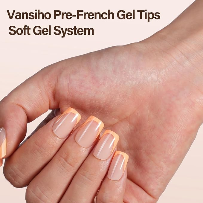 150Pcs French Gel Nail Tips, Vansiho Short Square Nail Tips, Yellow Pre-French Tips Press on Nails, Soak Off Soft Gel Acrylic Fake Nails for Nail Art DIY 15 Sizes