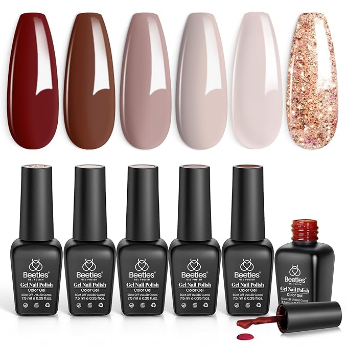 Beetles Brown Gel Nail Polish - 6 Colors Burgundy Brown Neutral Grey Plum Gel Polish Set, Soak Off UV LED Nail Colors for Winter Manicure Gift for Women