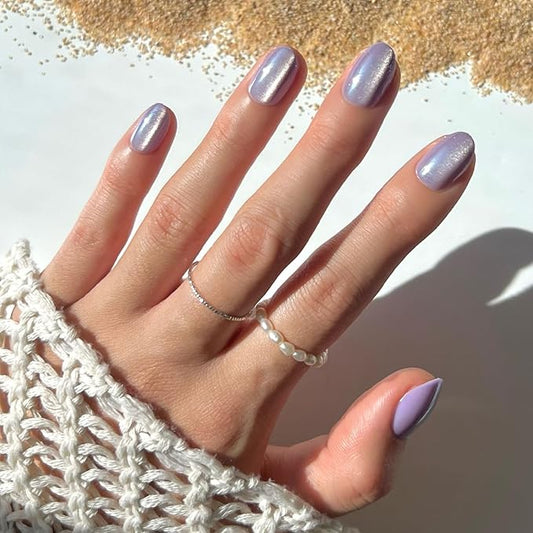 Glamnetic Press On Nails - Mermaid's Tail | Short Oval Purple Cat Eye Fake Nails with a Velvet Finish, Salon Quality Summer Nails | 15 Sizes - 30 Nail Kit with Glue