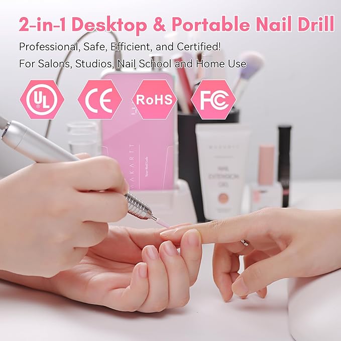 Makartt Nail Drill Professional: 60W 35000RPM Electric Nail File with Coreless Motor, 2 in 1 Desktop & Portable, Drill Bits and LCD Display for Acrylic Gel Nails, Nouvella Pink