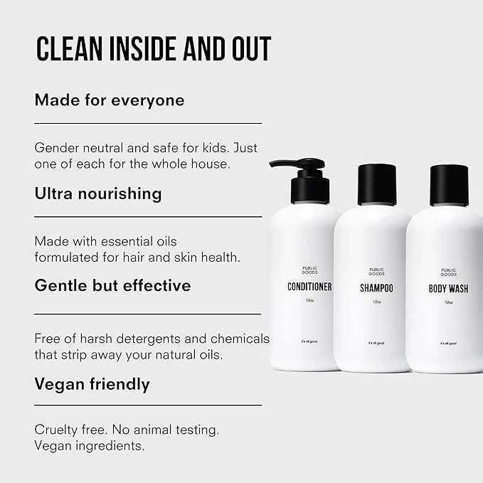 Public Goods Shower Essentials for Men and Women | Natural Shampoo, Conditioner & Body Wash | Made with Organic Essential Oils | Sulfate & Paraben Free | Vegan Friendly | 12 Fl Oz Bottles