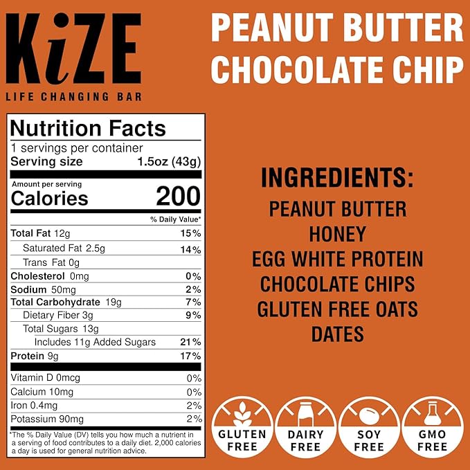 KiZE Energy Bars - Peanut Butter Lovers Variety Pack - 20-Count - Gluten Free, Dairy Free Options, Non-GMO, and High Protein Meal Replacement Energy Bars, Clean and Simple Food Ingredients - 7-10g High Protein Snacks (20 Count)