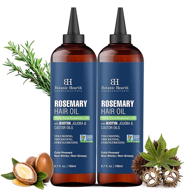 Botanic Hearth 100% Pure Rosemary Oil For Hair Growth | Infused with Biotin, Jojoba, Castor Oil | Hair Oil Repairs Dry Damaged Hair, Strengthening, Healthier - Hair Tonic, 6.7 fl oz (pack of 2)