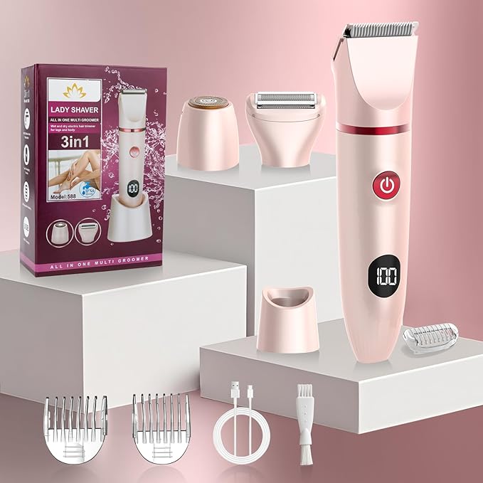Bikini Trimmer for Women- 3 in 1 Painless Electric Razors for Women,Waterproof Pubic Hair Trimmer and Facial Hair Remover,LCD Display Body Shaver for Trip,Rechargeable Women's Grooming Kit