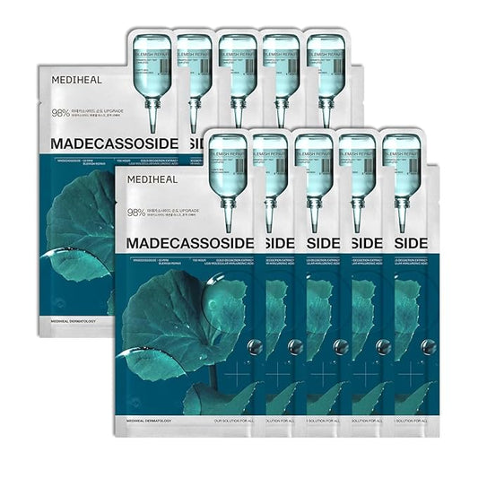Mediheal Essential Mask (10pcs, Madecassoside) 98% Purity Madecassoside & Hyaluronic Acid Included. Enhancing Moisture Barrier & Skin Texture Care. Vegan Formula Sheet Mask