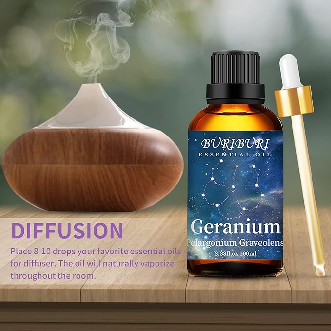 BURIBURI 100ML Geranium Essential Oil, 100% Pure Undiluted Aromatherapy Geranium Oil 3.38fl.oz for Soap, Candle Making, Massage, Diffuser, Humidifier