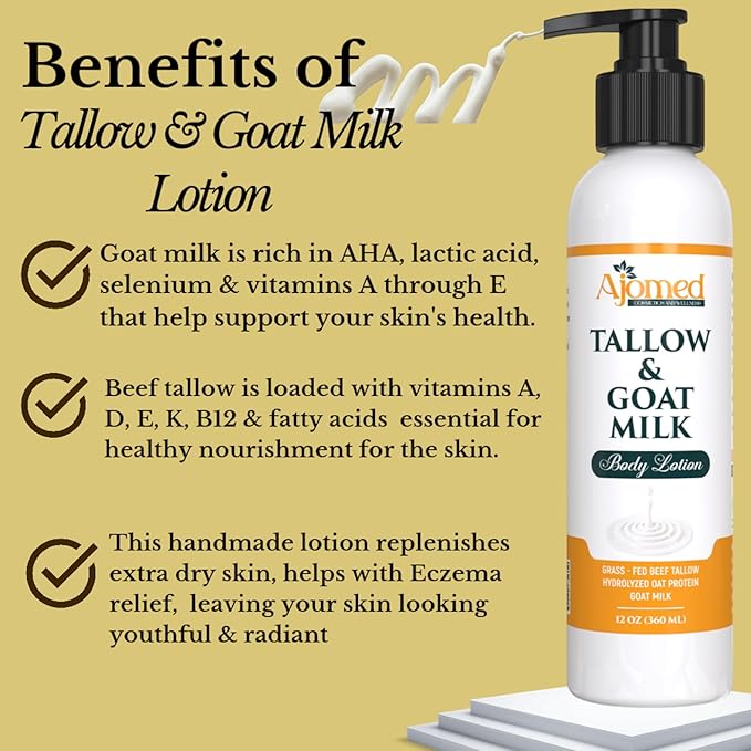 Tallow & Goat Milk Body Lotion for Sensitive Skin, Organic moisturizing Lotion - Soothes Dry skin, Goat Milk face and body Moisturizer - Handmade Tallow for skin cream (8 OZ, UNSCENTED)