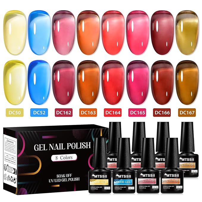 MTSSII Jelly Gel Nail Polish of 8 Transparent Burgundy Wine Red Gel Polish Set Crystal Hot Pink Brown Amber Nail Polish Kit Nail Art Varnish Manicure Collection Gift