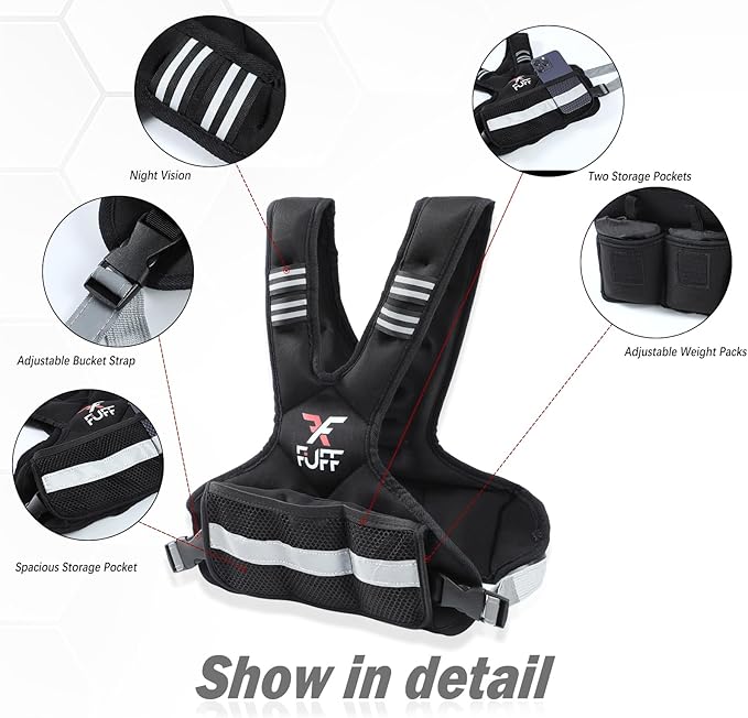 FUFF Weighted Vest Woman 4–10/11–20/20–32 Lb Unisex With 6 Weight Bags, Reflective Adjustable Weighted Vest For Walking, Exercise And Strength Training