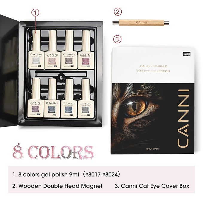CANNI 8 Pcs 9 ML Cat Eye Gel Nail Polish Set, Jelly Pink Blue Silver Glitter Holographic Cat Eye Gel Polish Kit with Magnet Shimmer Colors Soak Off Led Manicure Salon DIY Gifts