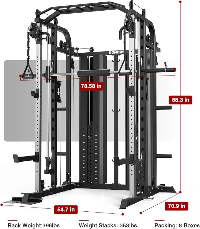 DONOW Smith Machine with Weight Stacks Home Gym Sytem Power Cage Squat Rack Dual Cable Crossover Machine All in One