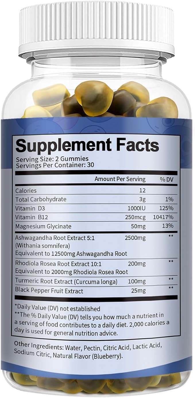 Sugar Free Ashwagandha Filled Gummies w/Vitamin D3, Magnesium Glycinate, Rhodiola, Ultra Strength Ashwa Root Supplements for Women & Wen, for Relaxation, Energy, Cortisol Gummies