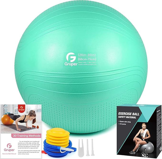 Gruper Yoga Ball, 18-30 Inch Extra Thick Exercise Ball for Workout Fitness Balance, Anti Burst Chair for Home and Office Desk, Includes Hand Pump & Workout Guide Access