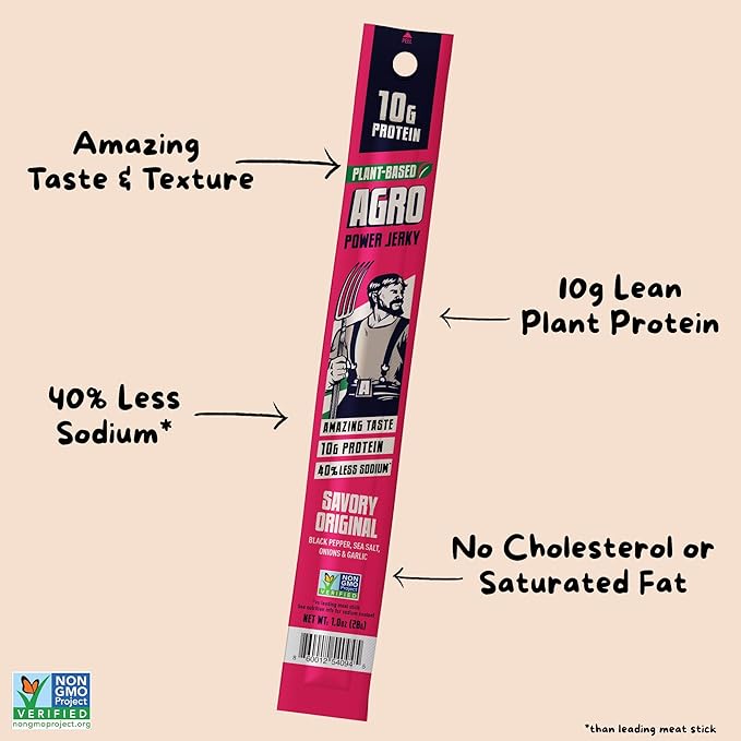 AGRO POWER Vegan Jerky Sticks, Savory Original Plant-Based, 7 Stick Bag with 10g Protein, Non-GMO, 40% Less Sodium, Zero Cholesterol, Meat Alternative, High Protein Snack for Lunch, On-the-Go Fuel