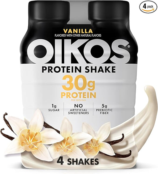 Oikos Protein Shake, Vanilla, 30g High Protein Drinks, Shelf Stable, Ready to Drink, 5g Prebiotic Fiber, 12 fl oz Bottle, 4 Count