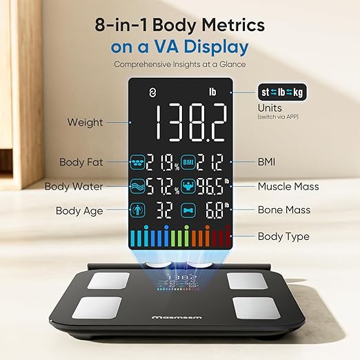 Scale for Body Weight 8 Electrodes, FSA&HSA Eligible, Digital Bathroom Scale with Large VA Display, 28 Metrics Dual Frequency BIA Measurement Smart Weight Scale Compatible with iOS & Android