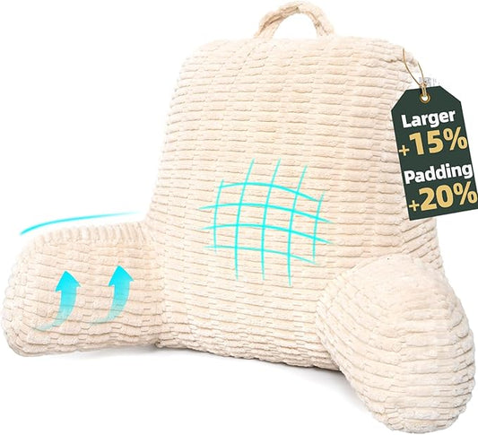 21" Higher Large Reading Pillow for Bed Adult, Back Pillow for Bed Sitting Up with Memory Foam Back Support with Arms Rest for Couch Chair Beige
