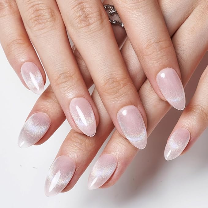 GLAMERMAID Nude Pink Cat Eyes French Tip Press on Nails Short Almond, Rainbow Magnet Handmade Gel Fake Nail Kit, Ombre Glitter Magnetic Glue on Nail Stiletto, Medium Oval Stick on False Nail for Women