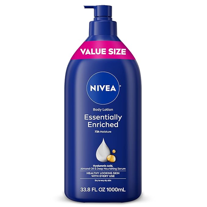 NIVEA Essentially Enriched Body Lotion for Very Dry Skin with Hyaluronic Acid, Almond Oil and Deep Nourishing Serum, 72-Hour Body Moisturizer, 33.8 Fl Oz Value Size Pump Bottle