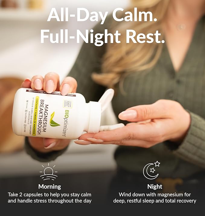 BIOptimizers Magnesium Breakthrough Complex Supplement with 7 Forms of Mg: Glycinate, Malate, Citrate, and More - Natural Support for Sleep and Cognitive Function - 60 Capsules- Calming Vitamins
