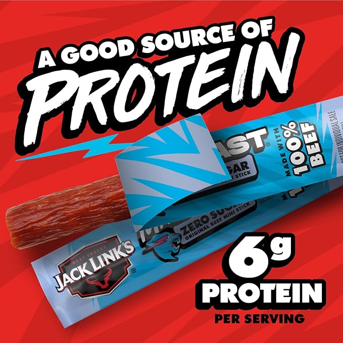 Jack Link’s x MrBeast Zero Sugar Mini Beef Sticks – 6g Protein per 2 Individually-Wrapped Meat Sticks, Made with 100% Real Beef, Perfect for School Lunches, Kids Snacks, 12 Count of .5oz Sticks