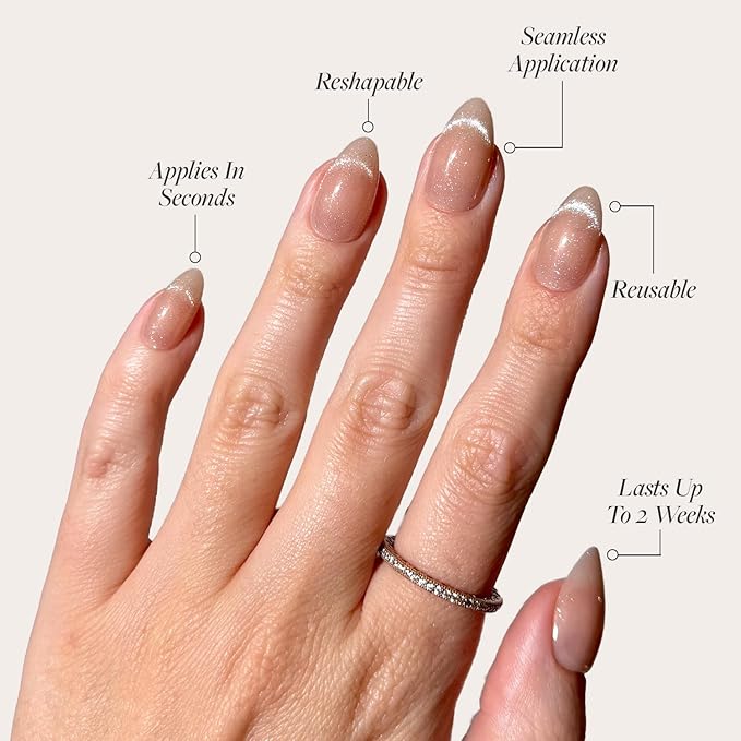 Glamnetic x GLAMZILLA Press On Nails - NOT YOUR CINDER-ELLA | Short Almond Nude Fake Nails with Velvet French Tip Effect, Salon Quality Wedding Nails | 15 Sizes - 30 Nail Kit with Glue
