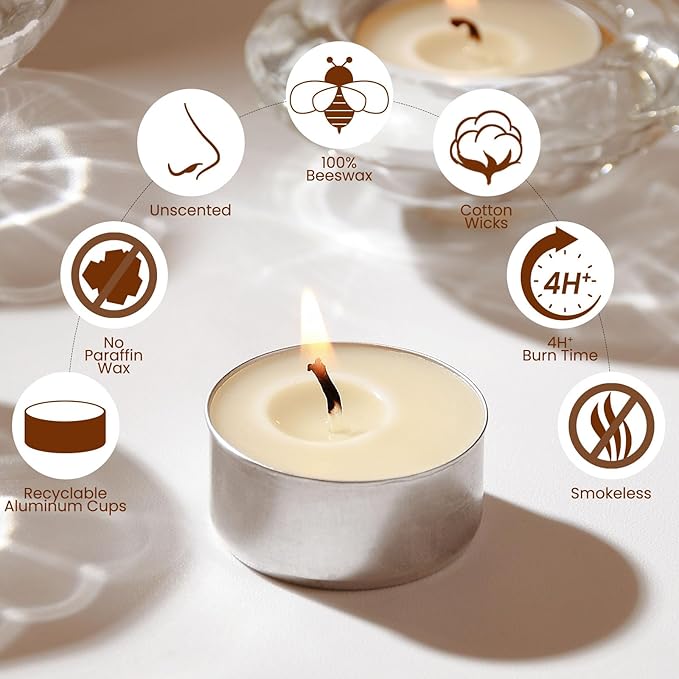 50-Pack Pure Beeswax Tealight Candles in Aluminum Cups - 4-5 Hour Burn Time, Lead-Free Cotton Wick, Natural Unscented Candles，White