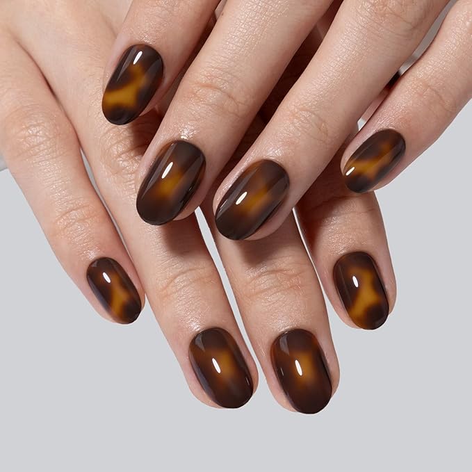 Tortoise Shell Press on Nails Short - Soft Gel Oval Press on Nails for Women, Seamless Fit & Glossy Glue on Nails 16 Sizes - 32 Reusable Fake Nails Kit with Glue, Amber Memory