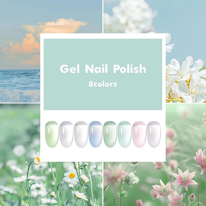 MTSSII Jelly Green White Gel Nail Polish Set, 8 Transparent Colors Sheer Gel Nail Kit for Salon Sage Green Gel Manicure and Nail Art DIY at Home for Girls Women
