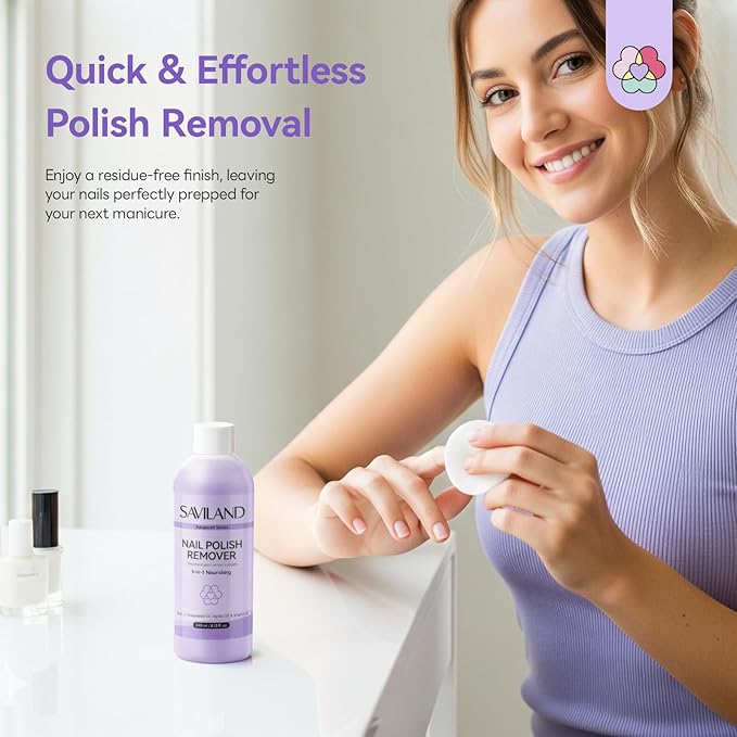 SAVILAND Advanced 5-in-1 Acetone Nail Polish Remover: Soak off Gel Polish Remover Quick and Nourishing Removal Acrylic Nail Glue Dip Powder with Essential Oils for Home Salon 240 ml