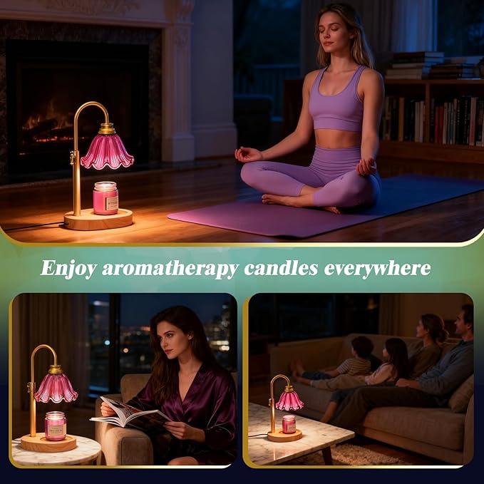 Candle Warmer Lamp with Adjustable Height - Flameless 4-Level Dimmable Wax Warmer with Colorful Glass Shade & Wooden Base, Timer Function & Stylish Design in Multiple Colors (Purple)