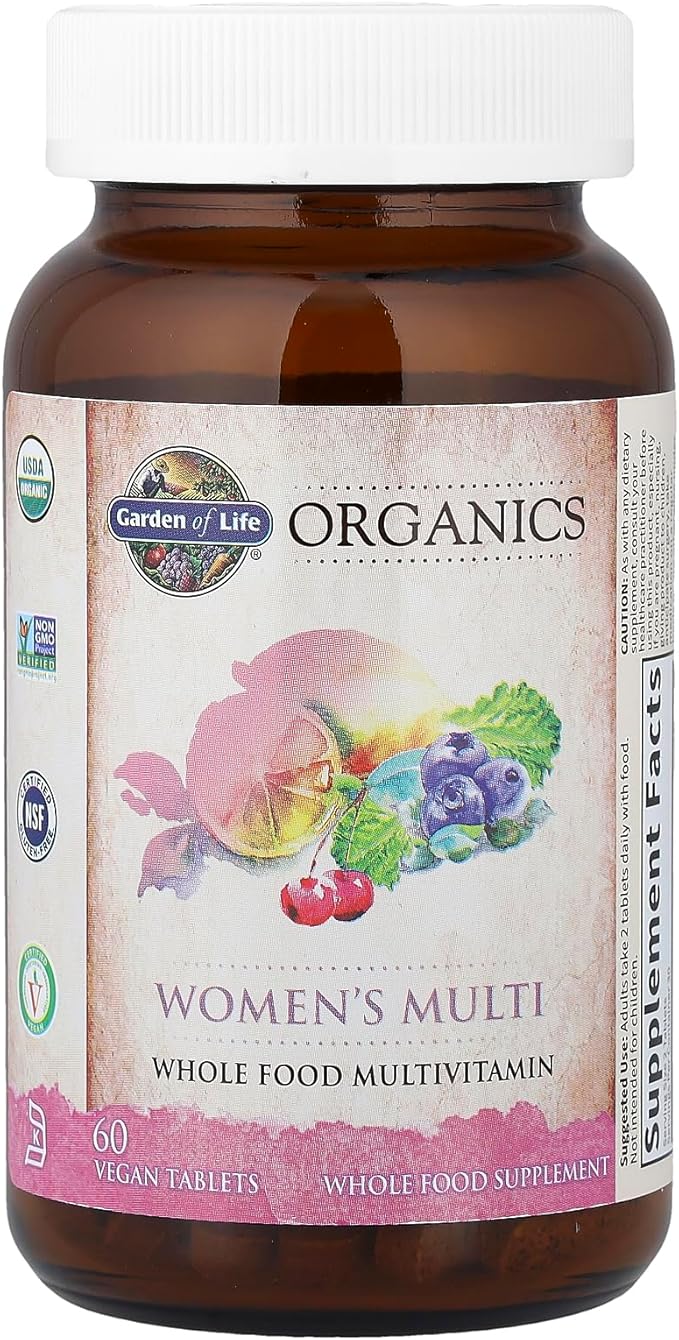 Garden of Life Organics Organic Multivitamin for Women - Womens Multi with Vitamin C, D, Folate, B6, B12, Biotin, Iron, Vegan Whole Food Vitamins for Women, Energy, Skin, Nails, 60 Tablets