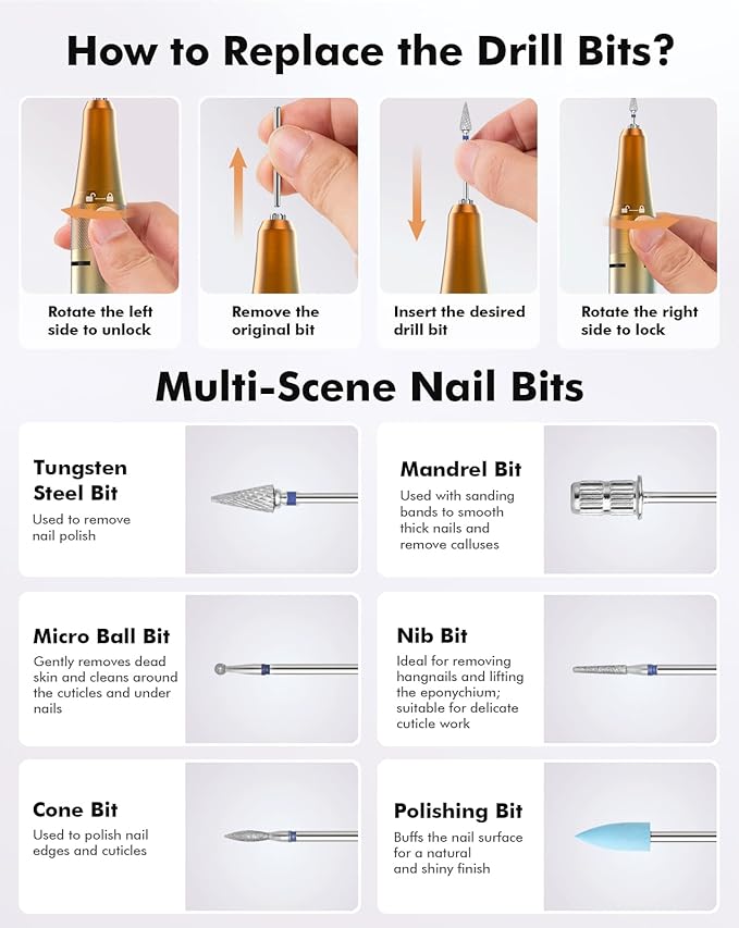 Nail Drill 40000RPM - Rechargeable Nail File with Bits, Professional E-Filer for Acrylic Nails, Gel Polishing, Manicure & Pedicure E File with Large HD LCD Screen - M96 Yellow