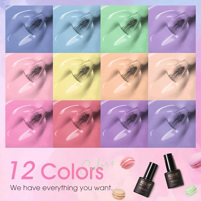 ROSALIND Pastel Gel Nail Polish Set, 12 Colors Pink Purple Blue Gel Polish Macaron Light Colors Pink Yellow Gel Polish Set Soak Off Spring Summer Rainbow Gels Polish Collection for Nail Art Gift