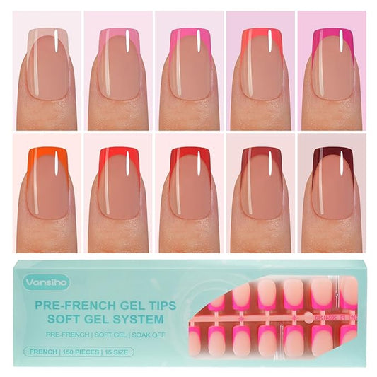 300Pcs French Gel Nail Tips, Vansiho Short Square Nail Tips, Pink Pre-French Tips Press on Nails, Acrylic Fake Nails for Nail Art DIY 15 Sizes