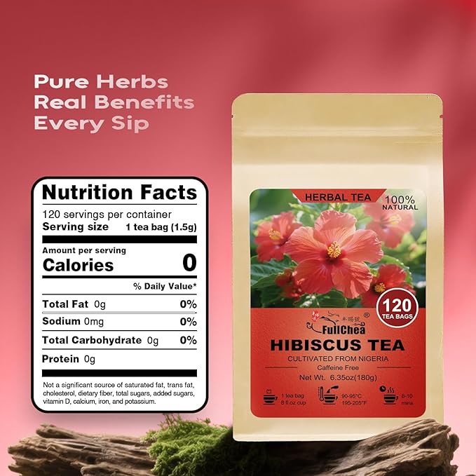 FullChea - Hibiscus Tea Bags, 120 Counts - Te De Flor de Jamaica, Hibiscus Flowers Tea for Daily Wellness - Non-GMO - Caffeine-free - Rich in Antioxidants & Support Digestion