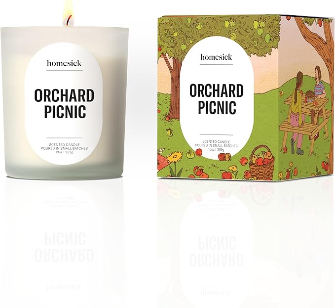 Homesick Orchard Picnic Scented Candle – 13 oz Soy Wax Candle with Organic Cotton Wick, 60–80 Hour Burn, Apple Cinnamon Vanilla Cedarwood Scent, Reusable Glass, Wedding & Engagement Gifts for Couples