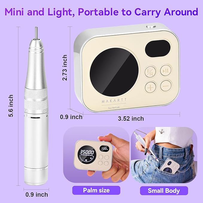 Makartt Electric Nail Drill: Rechargeable Nail Drill Machine 35000RPM, Adelise Ultra Smooth Portable E File Nail Grinder with Nail Bit