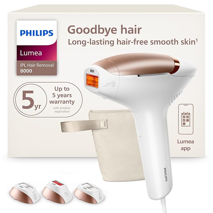 Philips Lumea 8000 Series IPL Hair Removal Device - Permanent Visible Hair Reduction Done at Home, SenseIQ Technology, 3 Attachments for Body, Face & Sensitive Areas, for Women & Men, BRI937/03