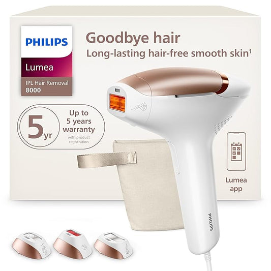 Philips Lumea 8000 Series IPL Hair Removal Device - Permanent Visible Hair Reduction Done at Home, SenseIQ Technology, 3 Attachments for Body, Face & Sensitive Areas, for Women & Men, BRI937/03