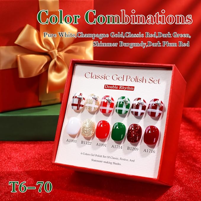 Double Rhythm 6 Pcs 15 ML Gel Polish Set Same Color Same Bottle Soak Off Gel Polish Kit Nail Art Manicure Salon DIY at Home for Women (Glitter Burgundy Red Gold Green White-T6-70)