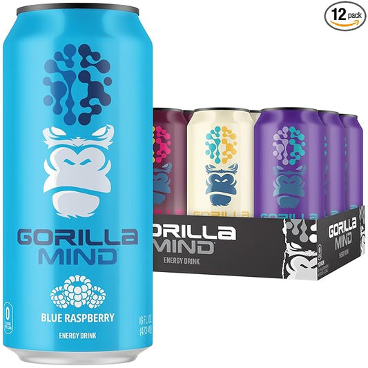 Gorilla Mind Energy Drink | Unmatched Energy · Amplified Focus | N-Acetyl-L-Tyrosine, Alpha-GPC, 200mg Caffeine, Uridine, Saffron | 0 Sugar Or Artificial Colors | 16oz | 12-Pack (Variety Pack #1)