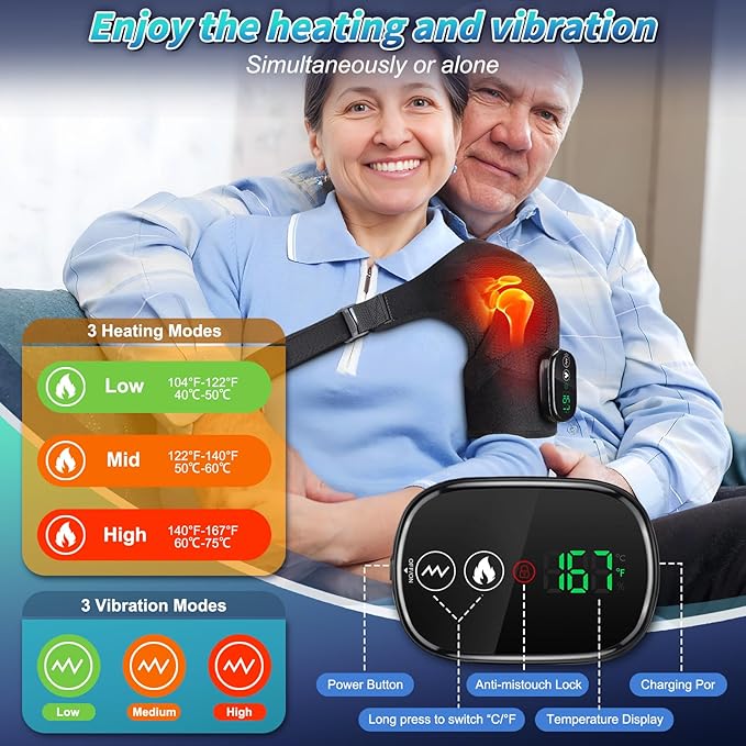 Cordless Shoulder Heating Pad, Heated Shoulder Wrap with Vibration, Shoulder Massager Heated Shoulder Brace for Pain Relief, for Women Men(Black)