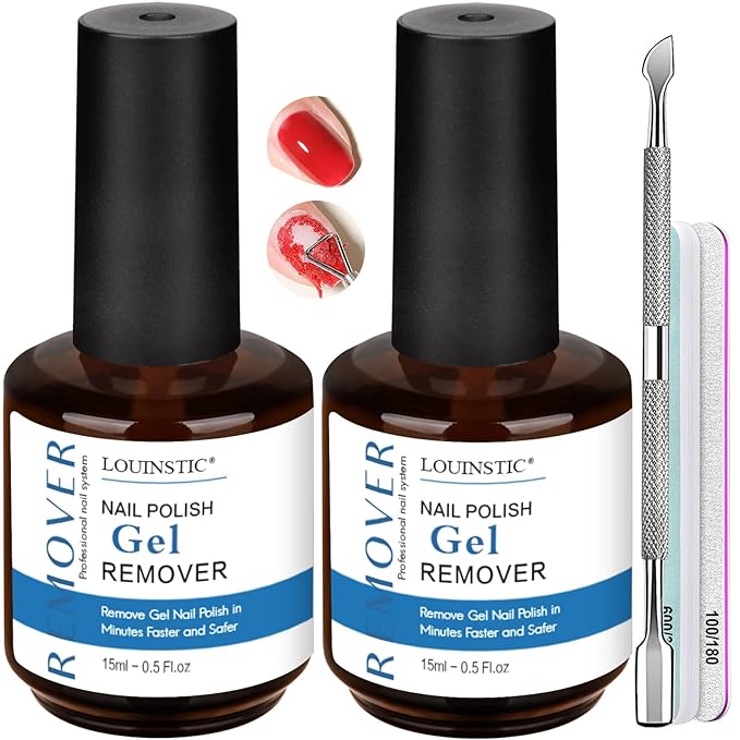 LOUINSTlC Gel Nail Polish Remover-2 x15ml Bottles，Fast 2-5 Min, Acetone-Free, Gentle on Nails, No Foil/Soak, includes 2 Tools for DlY & Professional Use
