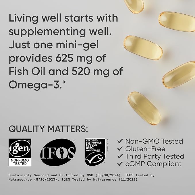 Sports Research® Omega-3 ­­Fish Oil Mini-Softgels - Sourced from Wild Caught Alaska Pollock - Burpless, Bovine Free, Non-GMO, & MSC Certified Sustainable - 120 Count