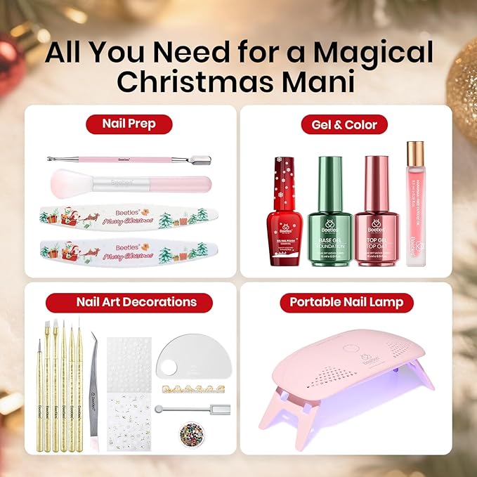 Beetles 27Pcs Christmas Gel Nail Kit Gifts for Women Teen Girls - 6 Colors Red Gold Cat Eye Glitter Merry Glitz Gel Nail Polish Kit with U V Light Jelly Winter Set Soak Off Salon DIY Manicure Set